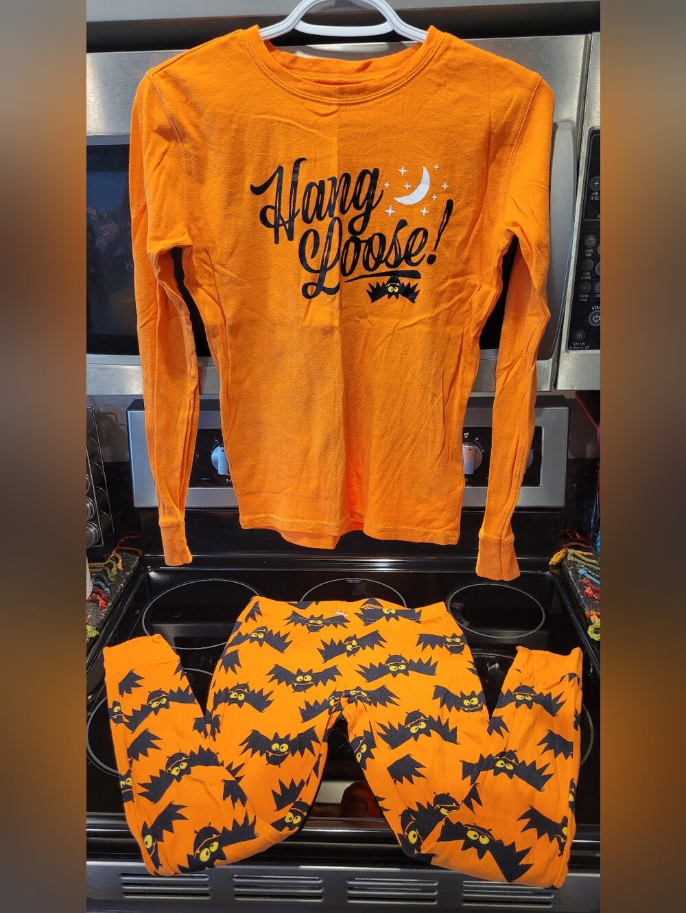 Old Navy Orange "Hang Loose" Pajama Set with Black Bat Print